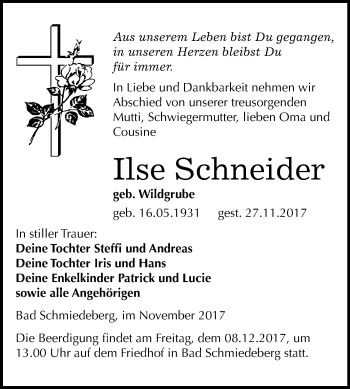 Traueranzeige von Ilse Schneider von Mitteldeutsche Zeitung