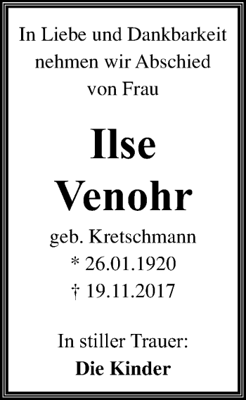 Traueranzeige von Ilse Venohr von Mitteldeutsche Zeitung Bitterfeld