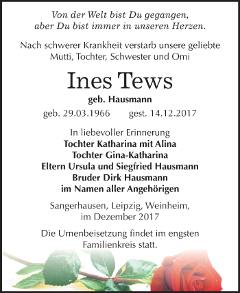 Traueranzeige von Ines Tews von Mitteldeutsche Zeitung Sangerhausen