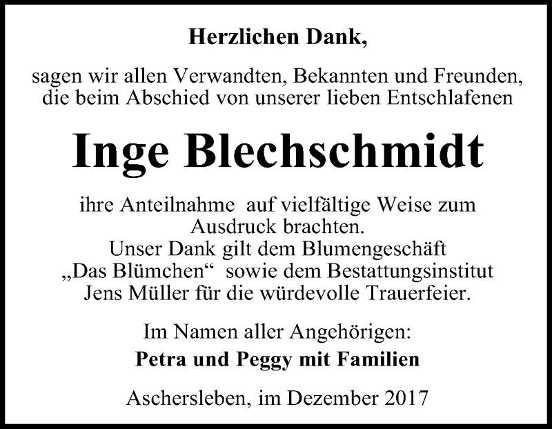  Traueranzeige für Inge Anna Blechschmidt vom 30.12.2017 aus Mitteldeutsche Zeitung Aschersleben