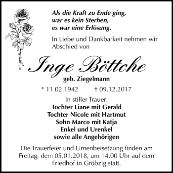 Traueranzeige von Inge Böttche von Mitteldeutsche Zeitung Köthen