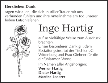 Traueranzeige von Inge Hartig von WVG - Wochenspiegel Wittenberg