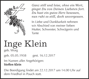 Traueranzeige von Inge Klein von WVG - Wochenspiegel Bitterfeld