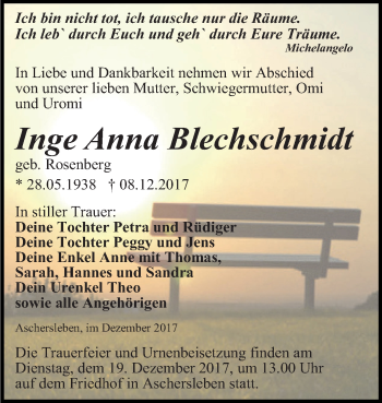 Traueranzeige von Inge Anna Blechschmidt von Super Sonntag Aschersleben