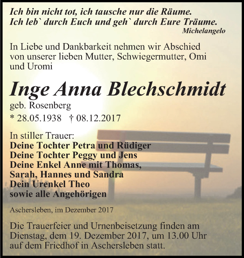  Traueranzeige für Inge Anna Blechschmidt vom 13.12.2017 aus Super Sonntag Aschersleben