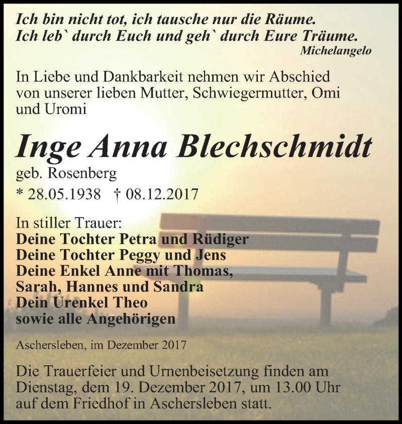  Traueranzeige für Inge Anna Blechschmidt vom 13.12.2017 aus Mitteldeutsche Zeitung Aschersleben