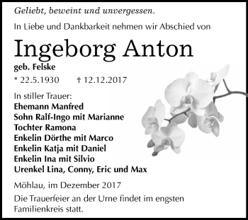 Traueranzeige von Ingeborg Anton von WVG - Wochenspiegel Wittenberg