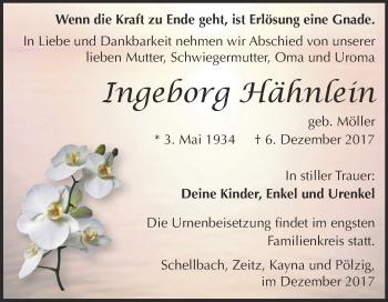 Traueranzeige von Ingeborg Hähnlein von Super Sonntag Zeitz