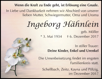 Traueranzeige von Ingeborg Hähnlein von Mitteldeutsche Zeitung Zeitz
