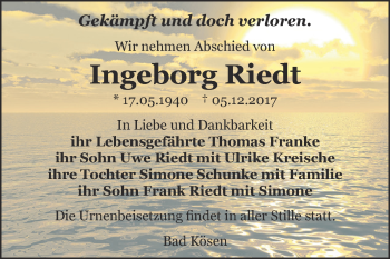 Traueranzeige von Ingeborg Riedt von WVG - Wochenspiegel NMB / WSF / ZTZ