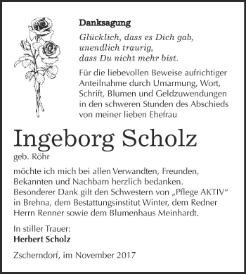 Traueranzeige von Ingeborg Scholz von WVG - Wochenspiegel Bitterfeld
