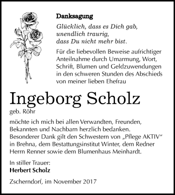 Traueranzeige von Ingeborg Scholz von Mitteldeutsche Zeitung Bitterfeld