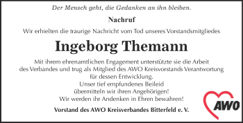 Traueranzeige von Ingeborg Themann von WVG - Wochenspiegel Bitterfeld