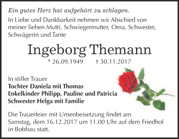 Traueranzeige von Ingeborg Themann von WVG - Wochenspiegel Bitterfeld