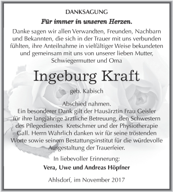 Traueranzeige von Ingeburg Kraft von Wochenspiegel Mansfelder Land
