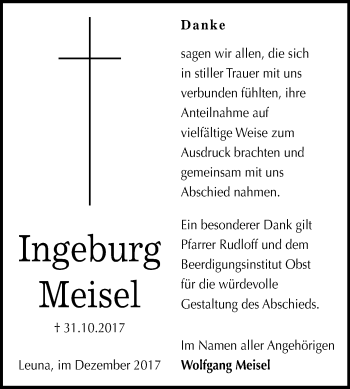 Traueranzeige von Ingeburg Meisel von Mitteldeutsche Zeitung Merseburg/Querfurt