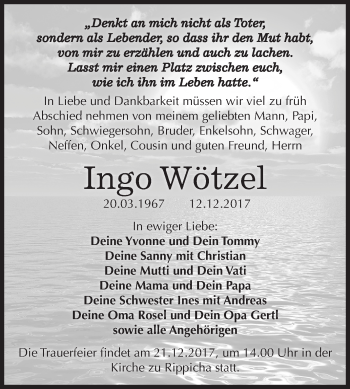 Traueranzeige von Ingo Wötzel von Mitteldeutsche Zeitung Zeitz