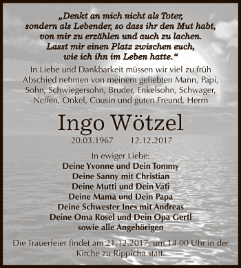 Traueranzeige von Ingo Wötzel von WVG - Wochenspiegel NMB / WSF / ZTZ