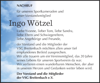 Traueranzeige von Ingo Wötzel von Super Sonntag Zeitz