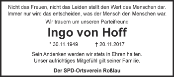 Traueranzeige von Ingo von Hoff von WVG - Wochenspiegel Dessau / Köthen