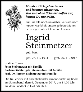 Traueranzeige von Ingrid Steinmetzer von WVG - Wochenspiegel Merseburg