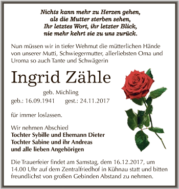 Traueranzeige von Ingrid Zähle von WVG - Wochenspiegel Dessau / Köthen