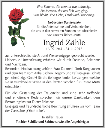 Traueranzeige von Ingrid Zähle von Mitteldeutsche Zeitung Dessau-Roßlau