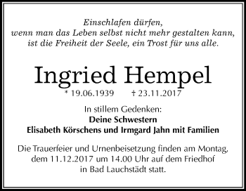 Traueranzeige von Ingried Hempel von Mitteldeutsche Zeitung Halle/Saalkreis