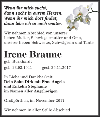 Traueranzeige von Irene Braune von Super Sonntag Zeitz