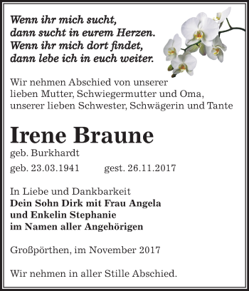 Traueranzeige von Irene Braune von Mitteldeutsche Zeitung Zeitz