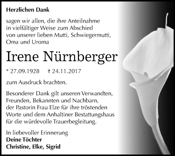 Traueranzeige von Irene Nürnberger von Mitteldeutsche Zeitung Dessau-Roßlau