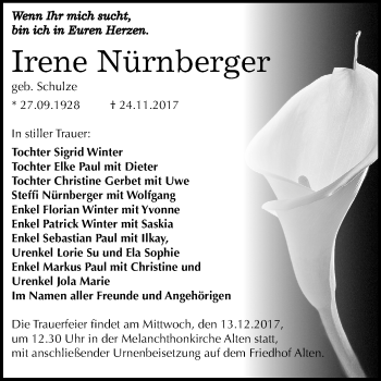 Traueranzeige von Irene Nürnberger von Mitteldeutsche Zeitung Dessau-Roßlau