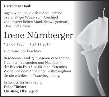 Traueranzeige von Irene Nürnberger von WVG - Wochenspiegel Dessau / Köthen