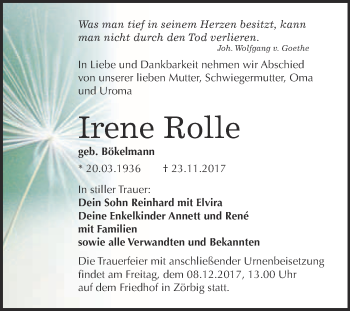 Traueranzeige von Irene Rolle von WVG - Wochenspiegel Bitterfeld