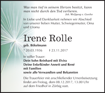 Traueranzeige von Irene Rolle von Mitteldeutsche Zeitung Bitterfeld