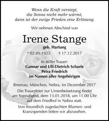 Traueranzeige von Irene Stange von Mitteldeutsche Zeitung