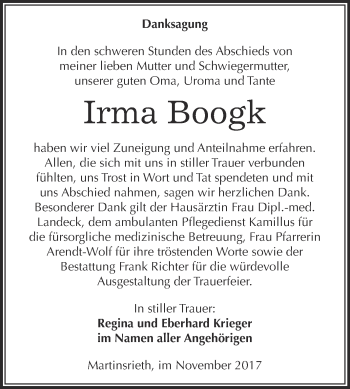 Traueranzeige von Irma Boogk von WVG - Wochenspiegel SGH