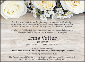 Traueranzeige von Irma Vetter von Mitteldeutsche Zeitung Köthen
