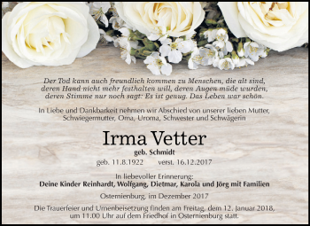Traueranzeige von Irma Vetter von WVG - Wochenspiegel Dessau / Köthen