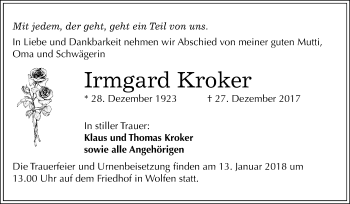 Traueranzeige von Irmgard Kroker von Mitteldeutsche Zeitung Bitterfeld