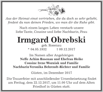 Traueranzeige von Irmgard Obrebski von Super Sonntag Bernburg
