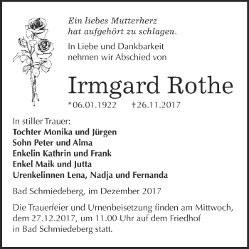 Traueranzeige von Irmgard Rothe von WVG - Wochenspiegel Wittenberg