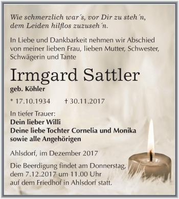 Traueranzeige von Irmgard Sattler von Mitteldeutsche Zeitung