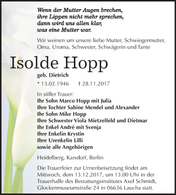 Traueranzeige von Isolde Hopp von Mitteldeutsche Zeitung