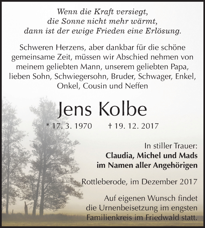  Traueranzeige für Jens Kolbe vom 27.12.2017 aus Mitteldeutsche Zeitung Sangerhausen