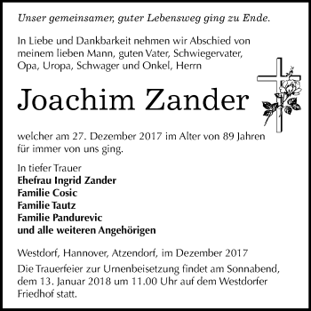 Traueranzeige von Joachim Zander von Mitteldeutsche Zeitung Aschersleben