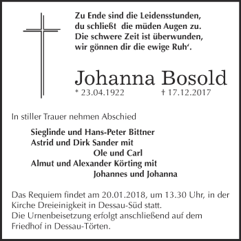 Traueranzeige von Johanna Bosold von WVG - Wochenspiegel Dessau / Köthen
