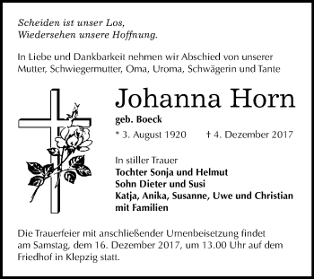 Traueranzeige von Johanna Horn von Mitteldeutsche Zeitung Halle/Saalkreis