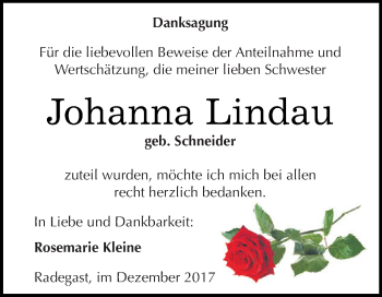 Traueranzeige von Johanna Lindau von WVG - Wochenspiegel Dessau / Köthen