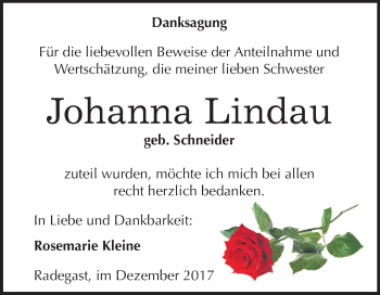 Traueranzeige von Johanna Lindau von Mitteldeutsche Zeitung Köthen
